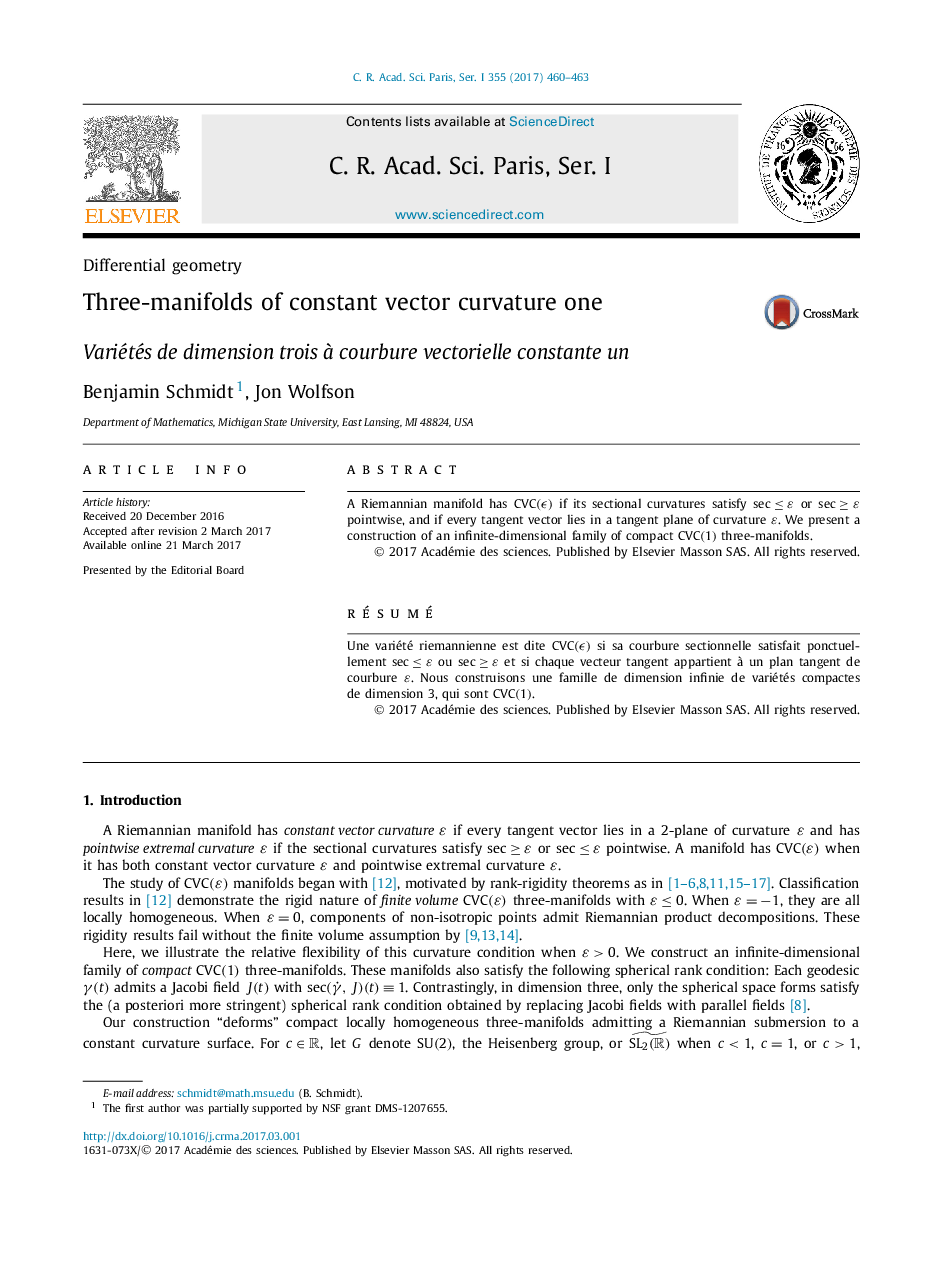 Three-manifolds of constant vector curvature one