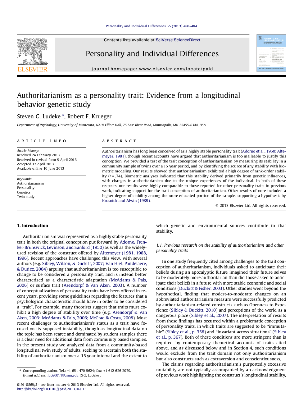 Authoritarianism as a personality trait: Evidence from a longitudinal behavior genetic study