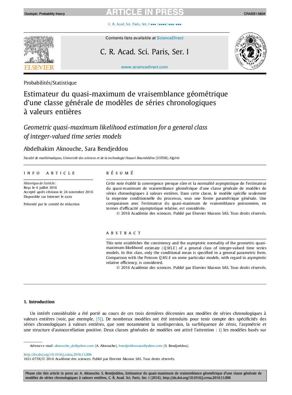 Estimateur du quasi-maximum de vraisemblance géométrique d'une classe générale de modÃ¨les de séries chronologiques Ã  valeurs entiÃ¨res