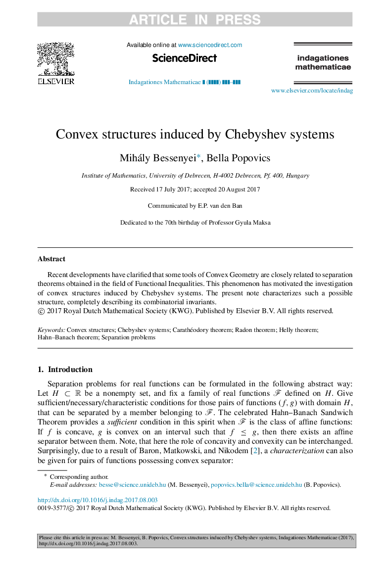 Convex structures induced by Chebyshev systems