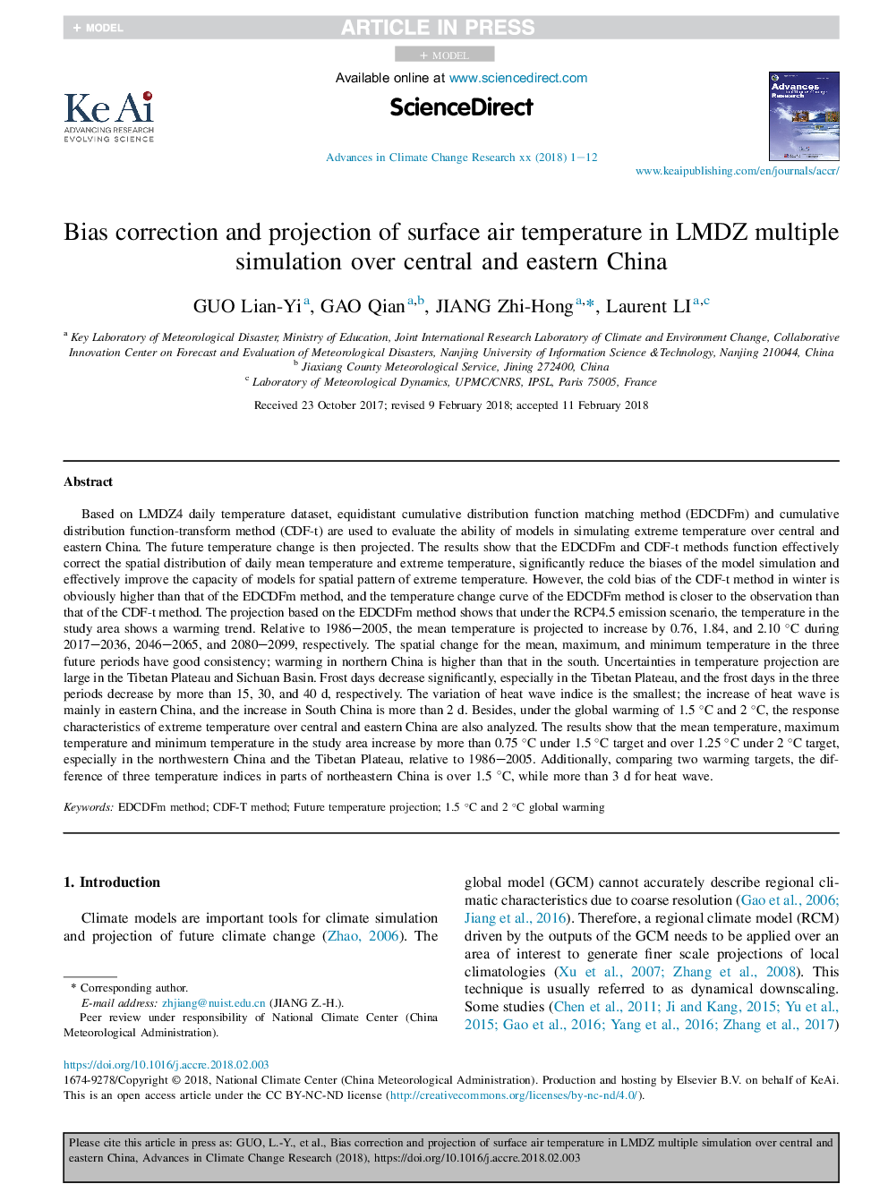 عکس صفحه اول مقاله: Bias correction and projection of surface air temperature in LMDZ multiple simulation over central and eastern China Bias correction and projection of surface air temperature in LMDZ multiple simulation over central and eastern China