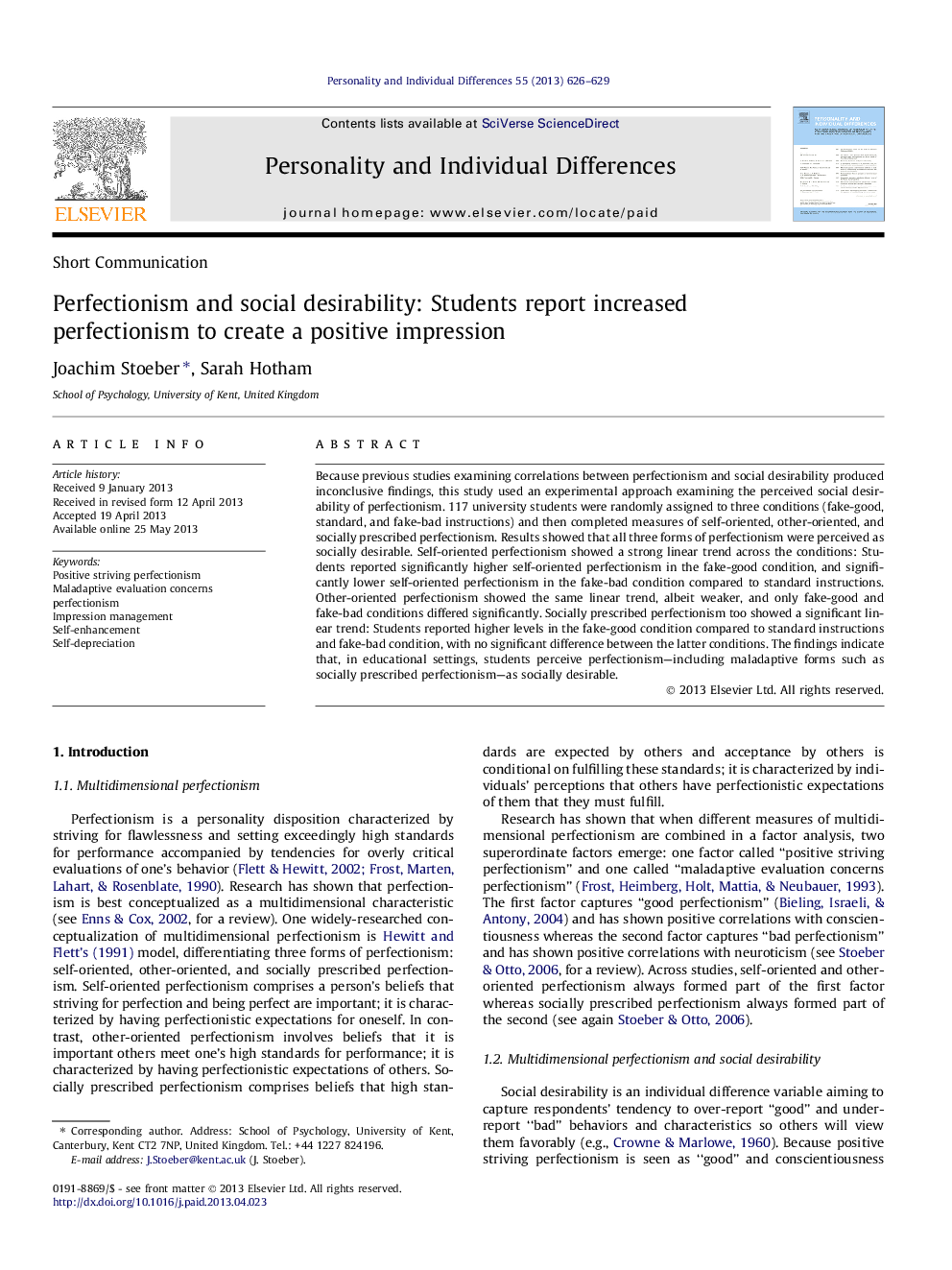 Perfectionism and social desirability: Students report increased perfectionism to create a positive impression