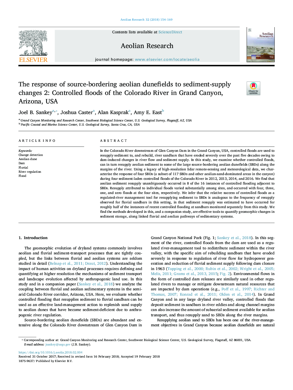 عکس صفحه اول مقاله: The response of source-bordering aeolian dunefields to sediment-supply changes 2: Controlled floods of the Colorado River in Grand Canyon, Arizona, USA The response of source-bordering aeolian dunefields to sediment-supply changes 2: Controlled floods of the Colorado River in Grand Canyon, Arizona, USA
