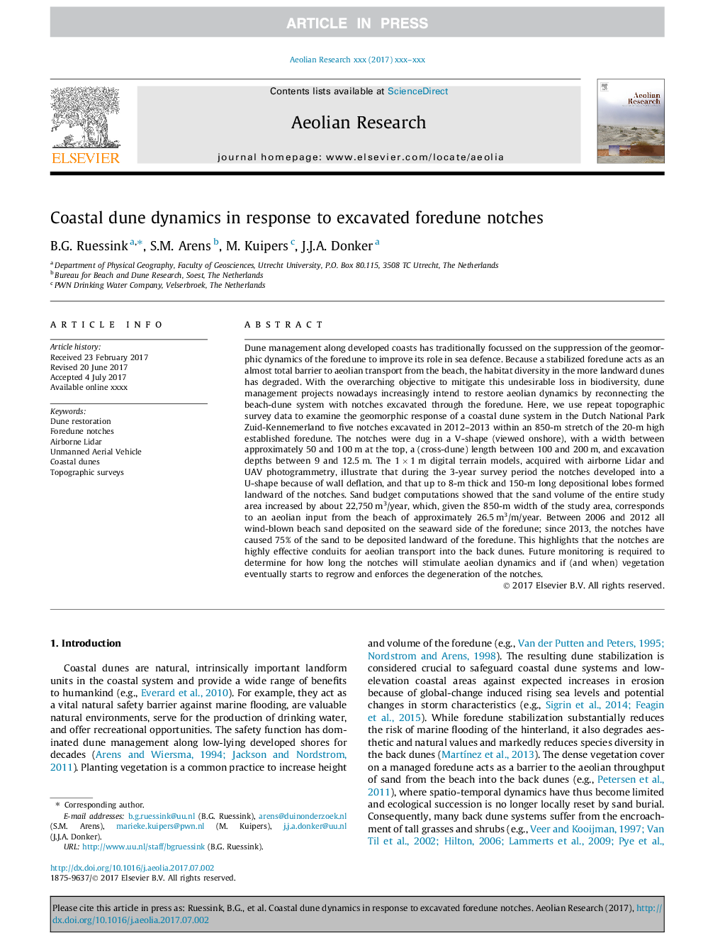 Coastal dune dynamics in response to excavated foredune notches