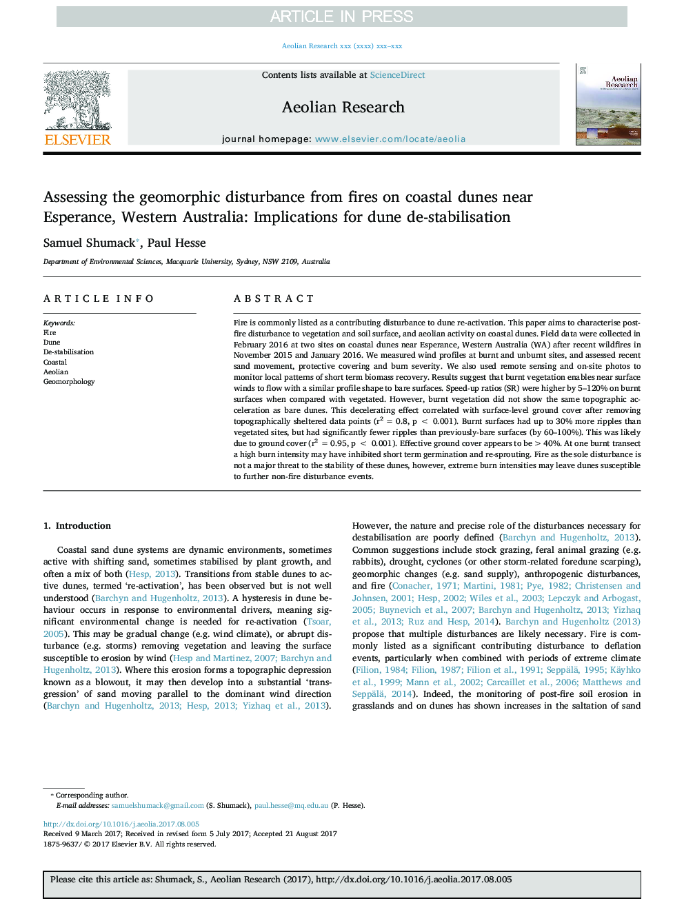 Assessing the geomorphic disturbance from fires on coastal dunes near Esperance, Western Australia: Implications for dune de-stabilisation