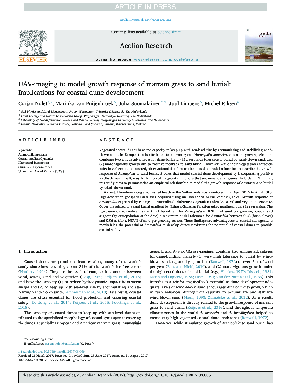 UAV-imaging to model growth response of marram grass to sand burial: Implications for coastal dune development