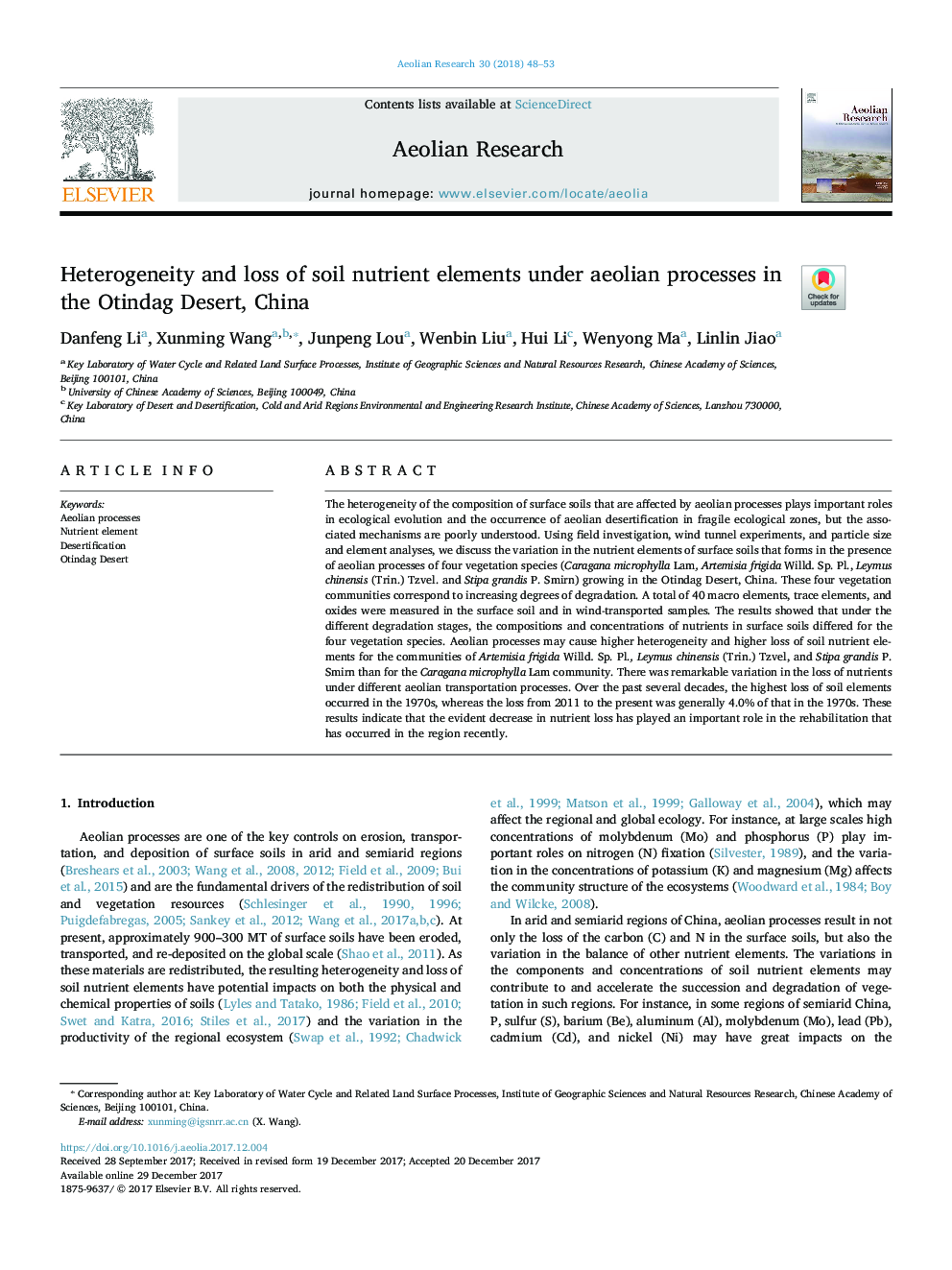 Heterogeneity and loss of soil nutrient elements under aeolian processes in the Otindag Desert, China