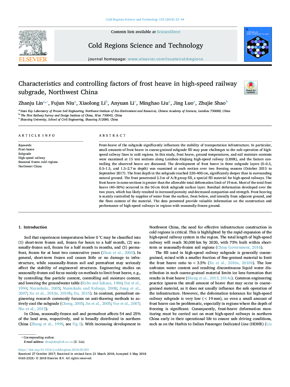 Characteristics and controlling factors of frost heave in high-speed railway subgrade, Northwest China