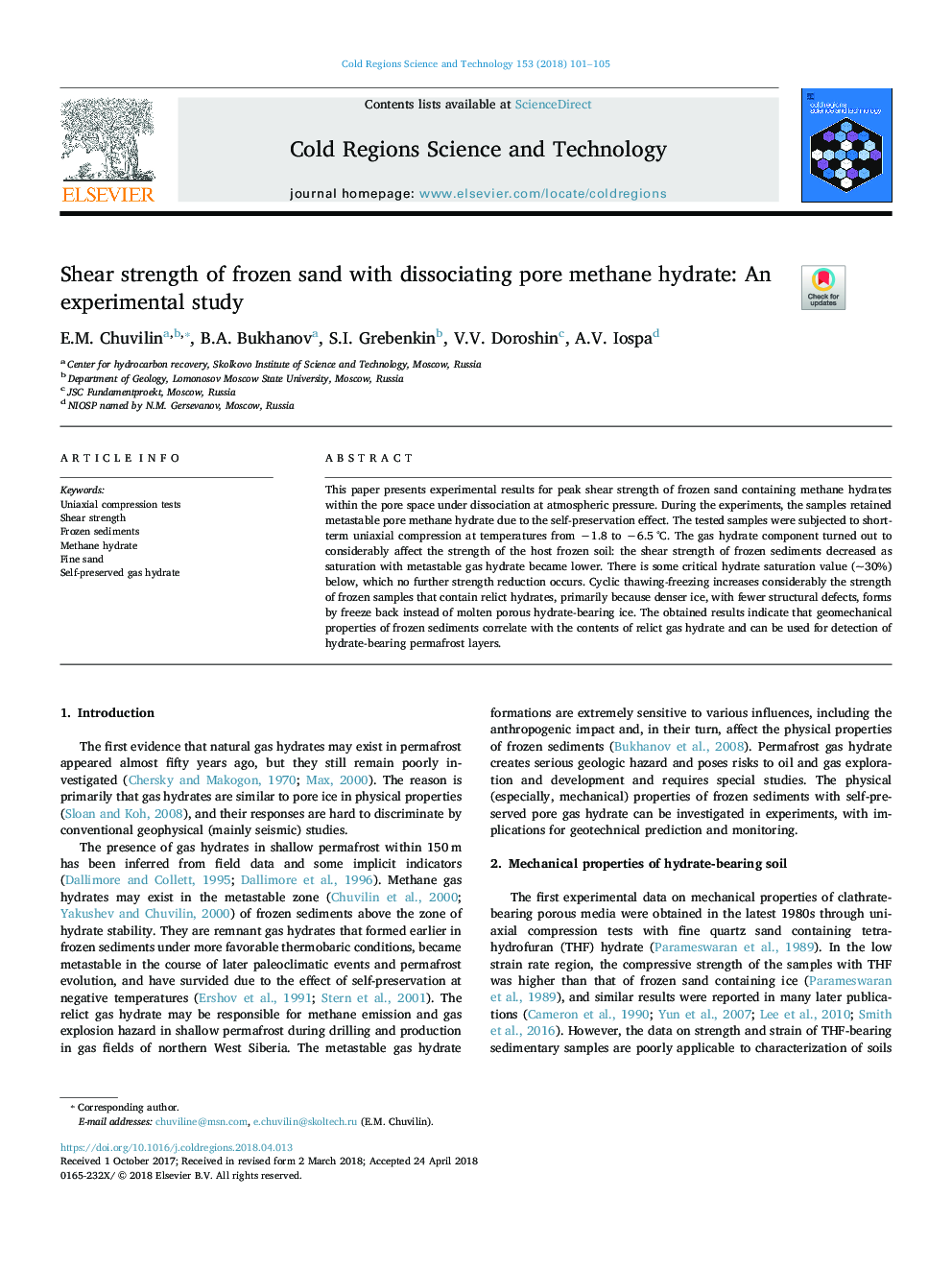 Shear strength of frozen sand with dissociating pore methane hydrate: An experimental study