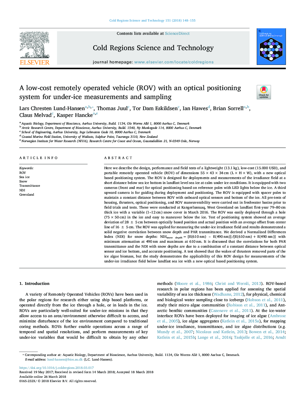 A low-cost remotely operated vehicle (ROV) with an optical positioning system for under-ice measurements and sampling