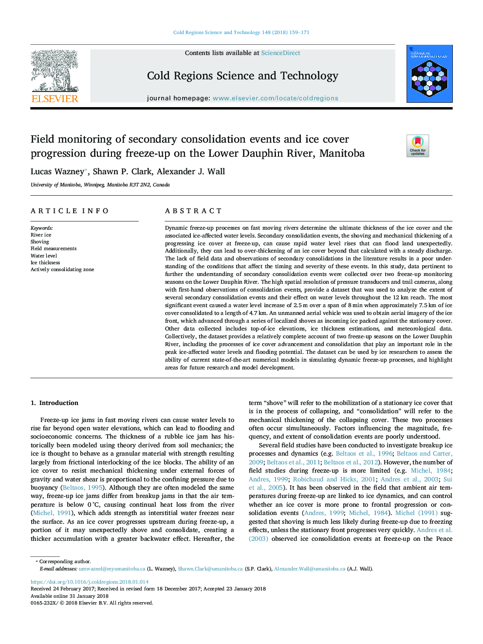 Field monitoring of secondary consolidation events and ice cover progression during freeze-up on the Lower Dauphin River, Manitoba