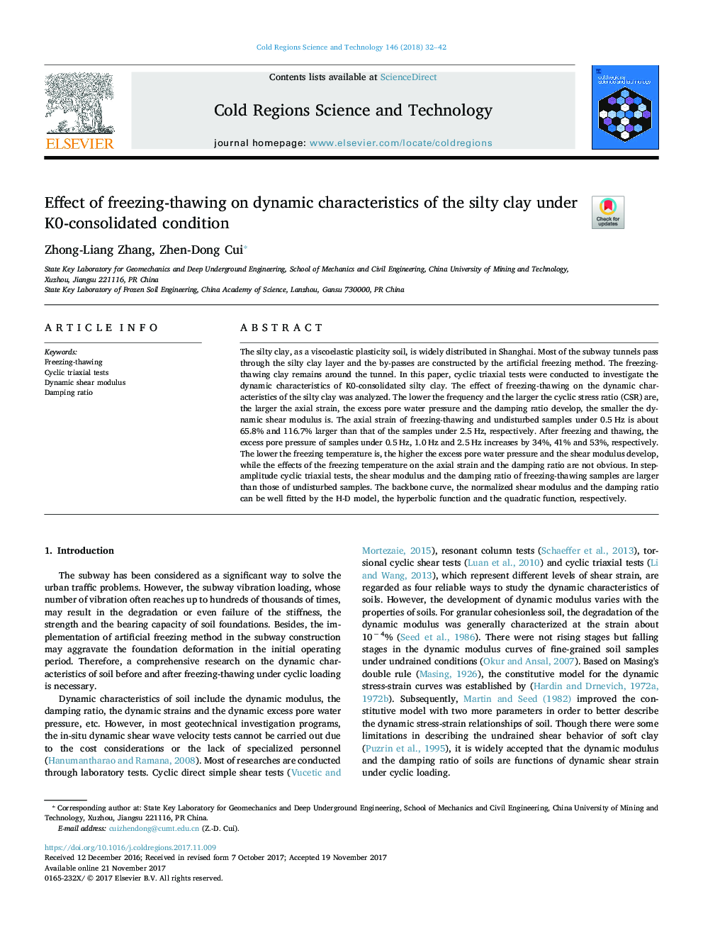 Effect of freezing-thawing on dynamic characteristics of the silty clay under K0-consolidated condition