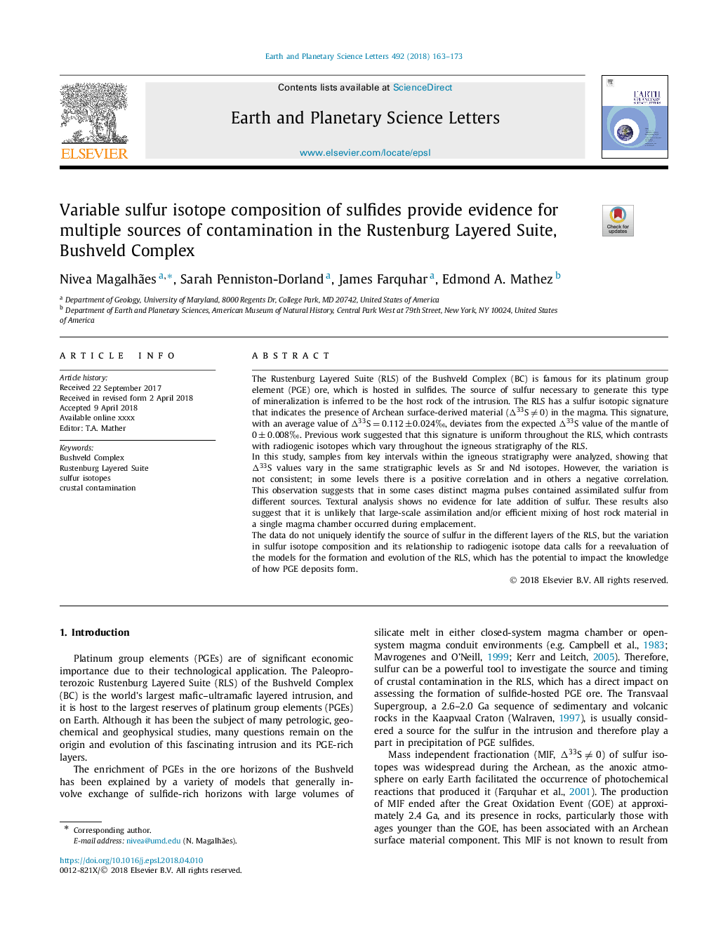 Variable sulfur isotope composition of sulfides provide evidence for multiple sources of contamination in the Rustenburg Layered Suite, Bushveld Complex