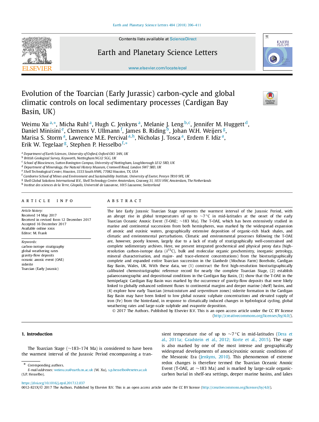 Evolution of the Toarcian (Early Jurassic) carbon-cycle and global climatic controls on local sedimentary processes (Cardigan Bay Basin, UK)