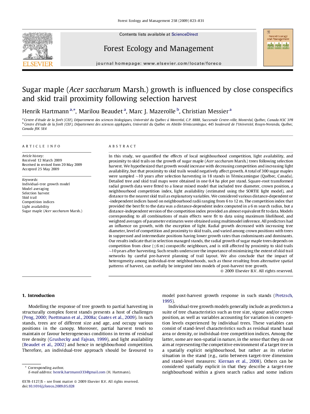 Sugar maple (Acer saccharum Marsh.) growth is influenced by close conspecifics and skid trail proximity following selection harvest