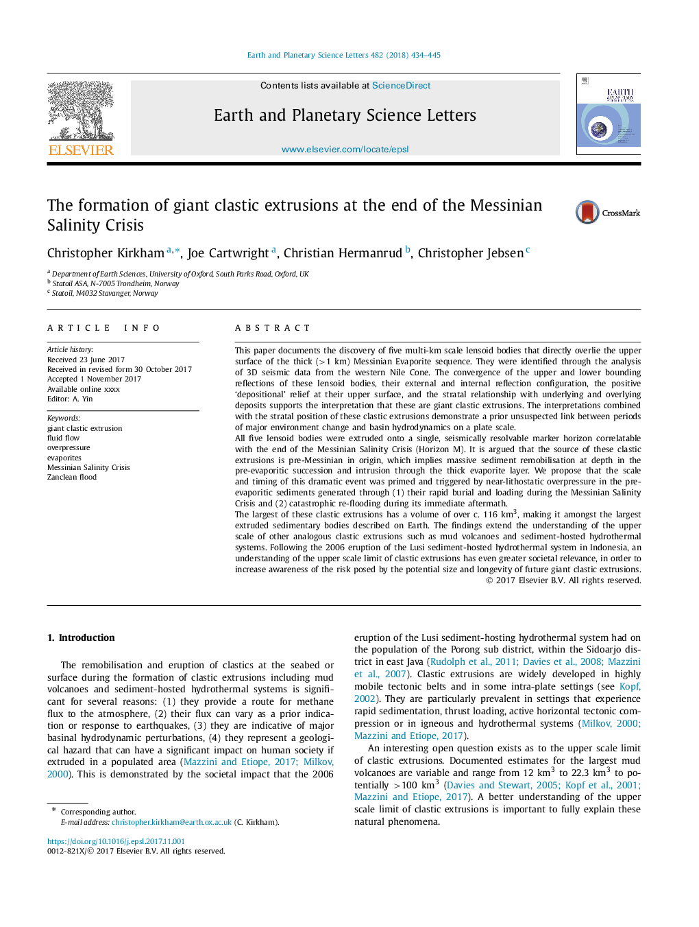 The formation of giant clastic extrusions at the end of the Messinian Salinity Crisis