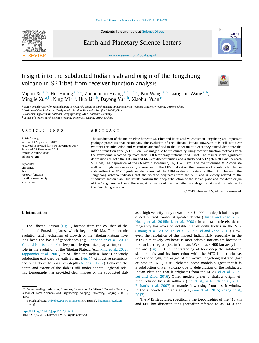 Insight into the subducted Indian slab and origin of the Tengchong volcano in SE Tibet from receiver function analysis