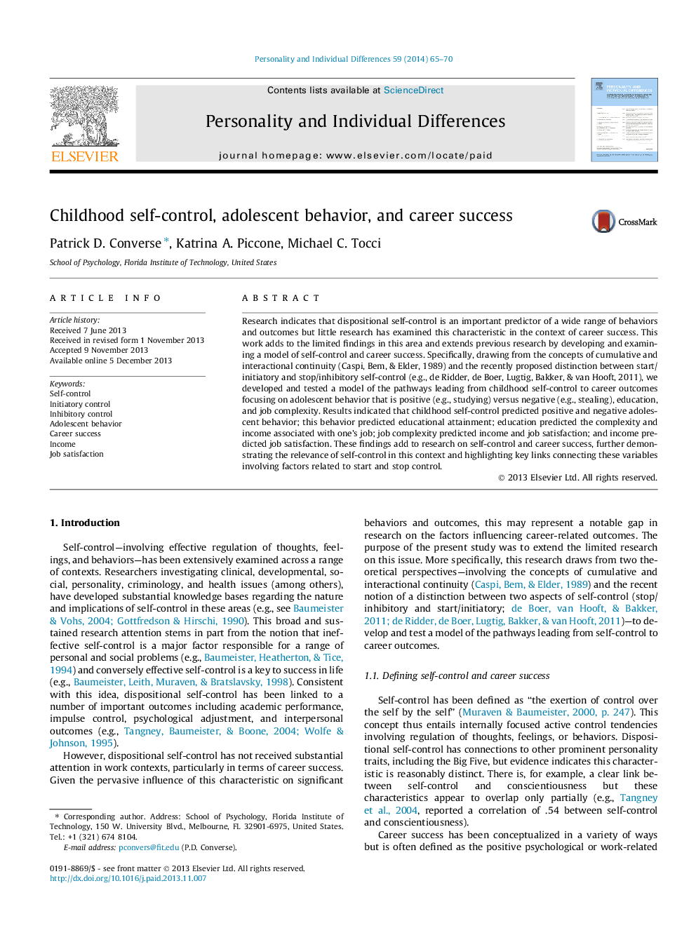 Childhood self-control, adolescent behavior, and career success