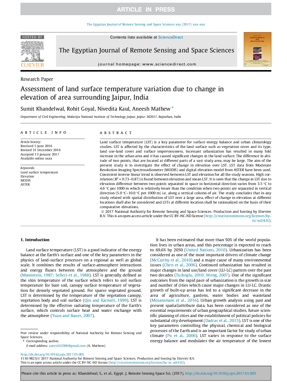 Assessment of land surface temperature variation due to change in elevation of area surrounding Jaipur, India