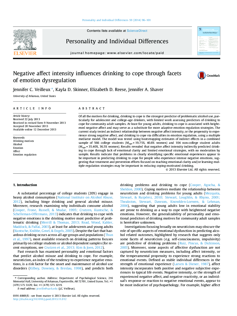 Negative affect intensity influences drinking to cope through facets of emotion dysregulation