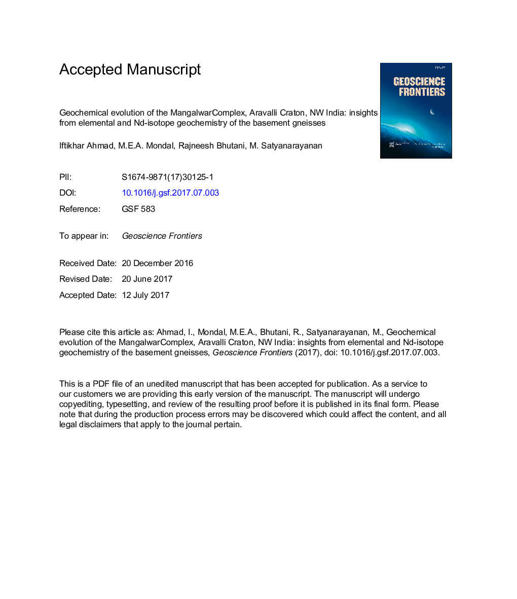 Geochemical evolution of the Mangalwar Complex, Aravalli Craton, NW India: Insights from elemental and Nd-isotope geochemistry of the basement gneisses