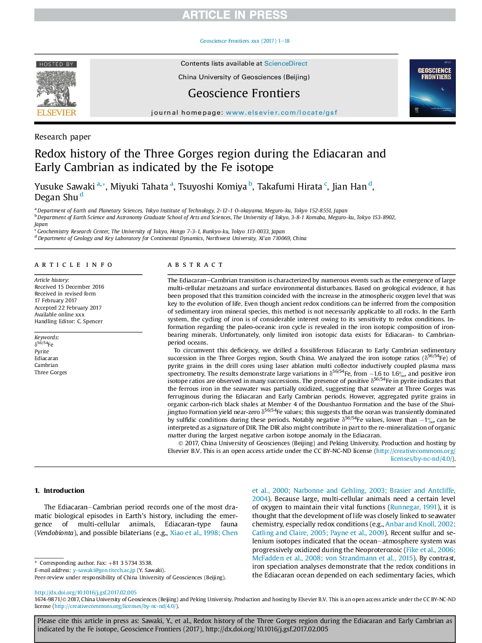 Redox history of the Three Gorges region during the Ediacaran and Early Cambrian as indicated by the Fe isotope