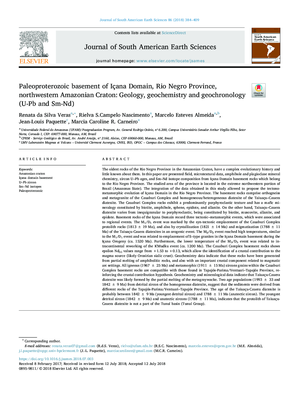 Paleoproterozoic basement of Içana Domain, Rio Negro Province, northwestern Amazonian Craton: Geology, geochemistry and geochronology (U-Pb and Sm-Nd)