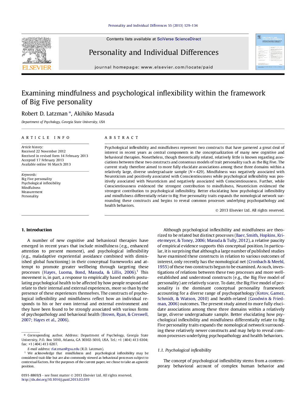 Examining mindfulness and psychological inflexibility within the framework of Big Five personality