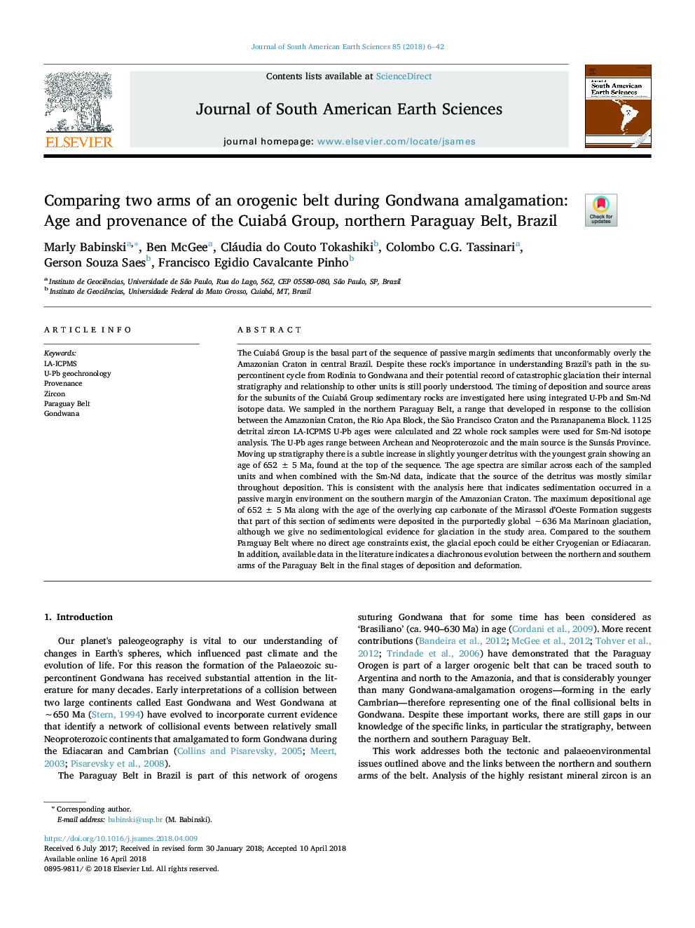 Comparing two arms of an orogenic belt during Gondwana amalgamation: Age and provenance of the Cuiabá Group, northern Paraguay Belt, Brazil