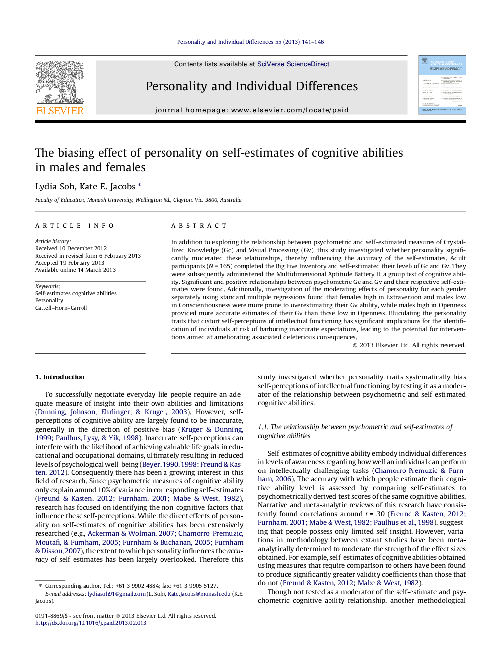 The biasing effect of personality on self-estimates of cognitive abilities in males and females