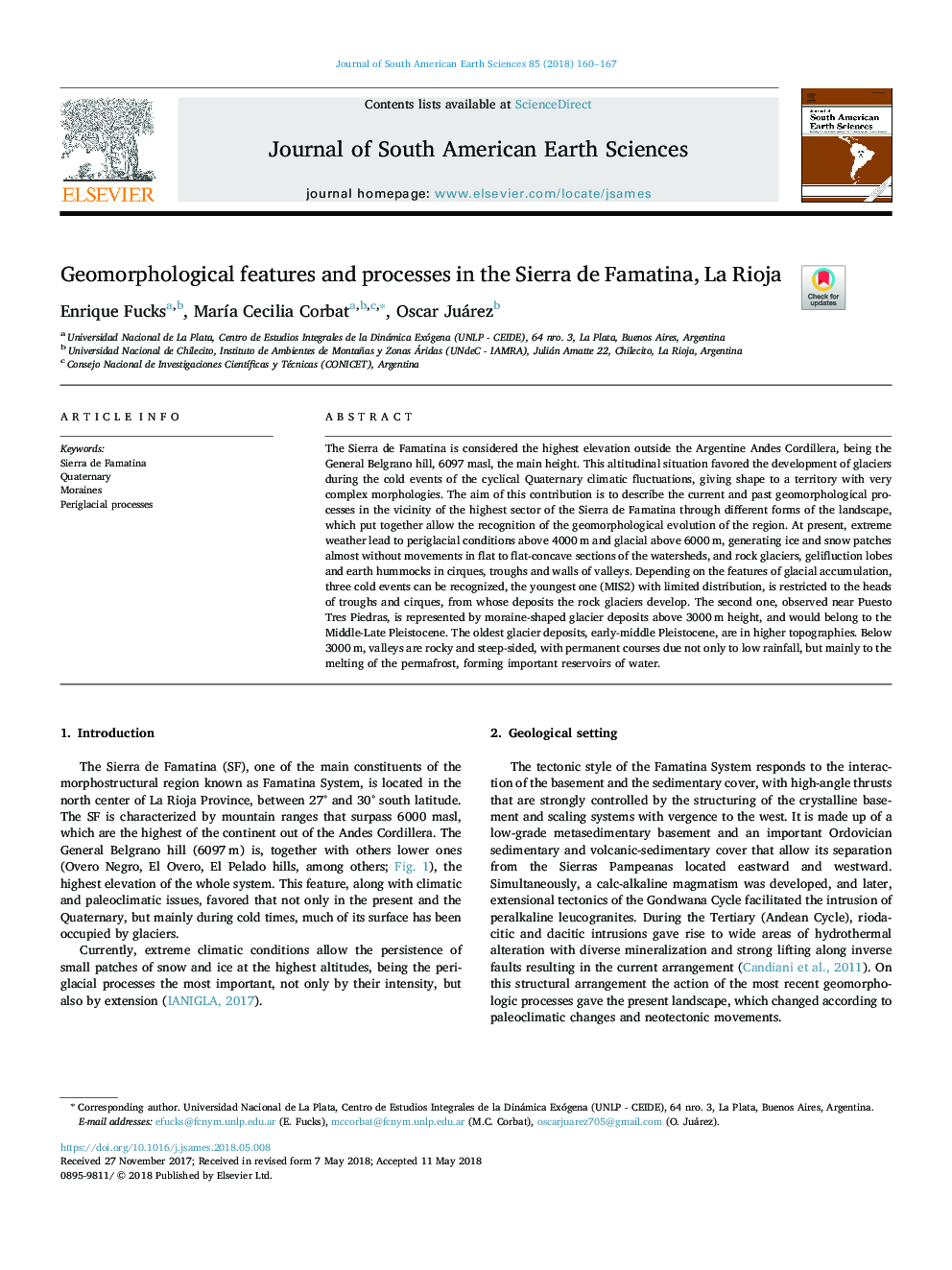 Geomorphological features and processes in the Sierra de Famatina, La Rioja