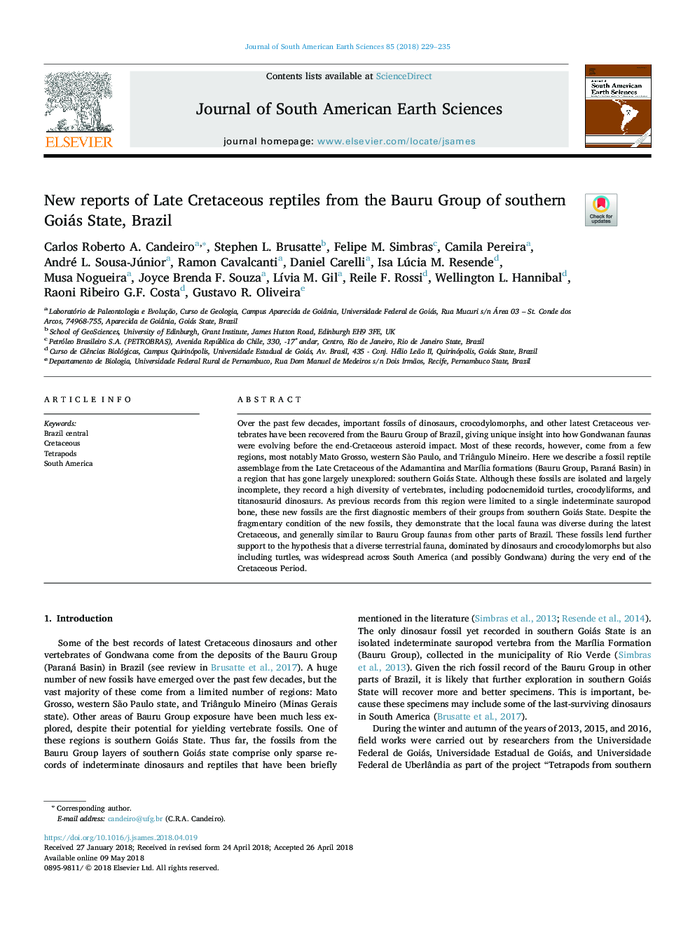 New reports of Late Cretaceous reptiles from the Bauru Group of southern Goiás State, Brazil