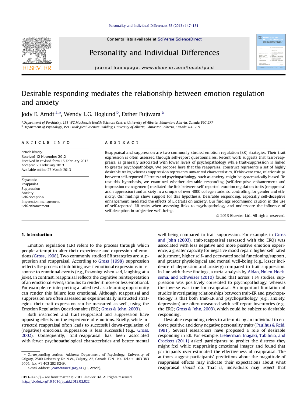 Desirable responding mediates the relationship between emotion regulation and anxiety