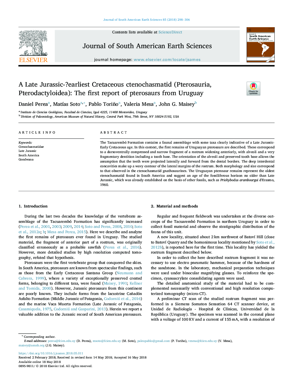 A Late Jurassic-?earliest Cretaceous ctenochasmatid (Pterosauria, Pterodactyloidea): The first report of pterosaurs from Uruguay