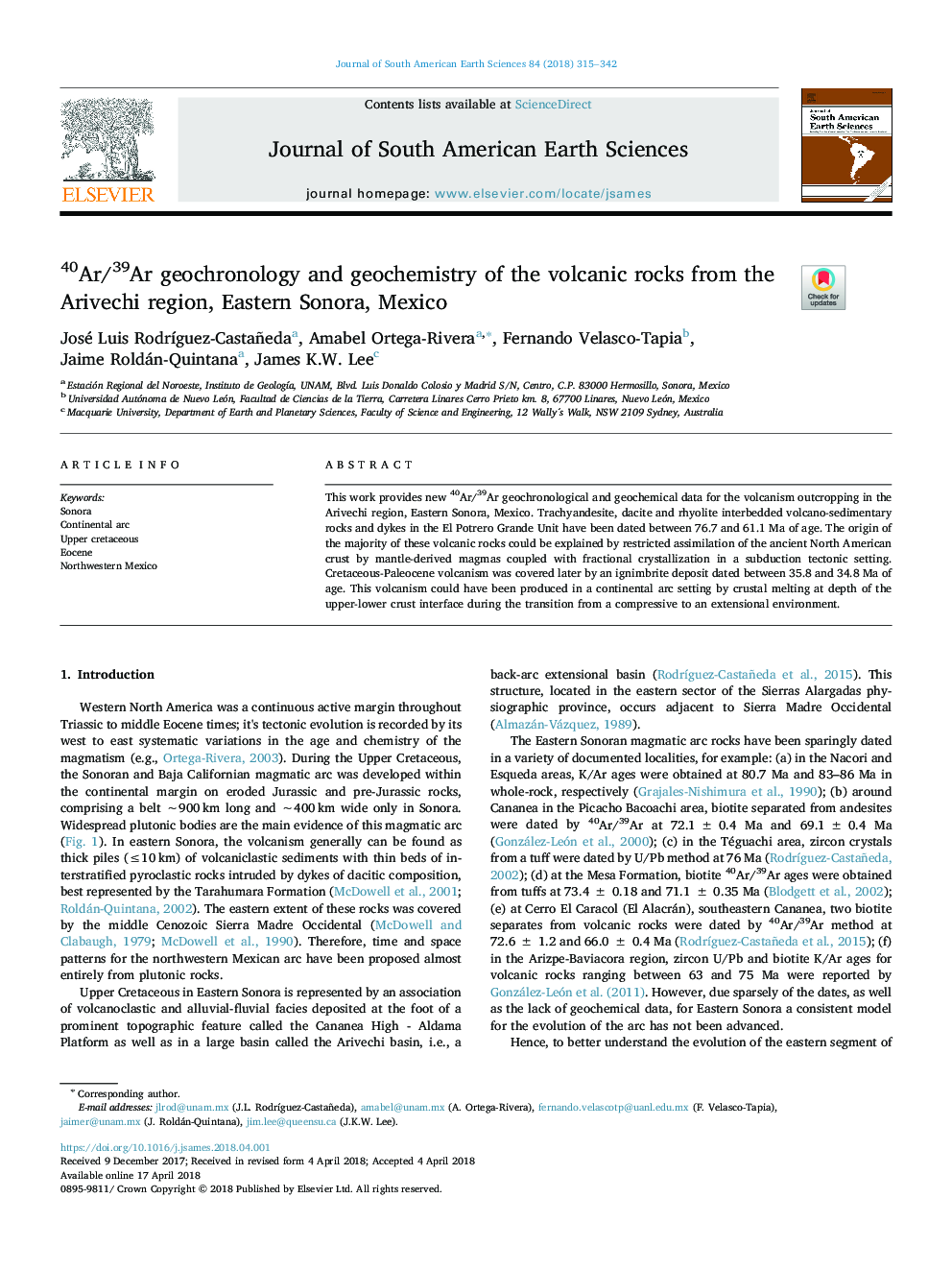 40Ar/39Ar geochronology and geochemistry of the volcanic rocks from the Arivechi region, Eastern Sonora, Mexico