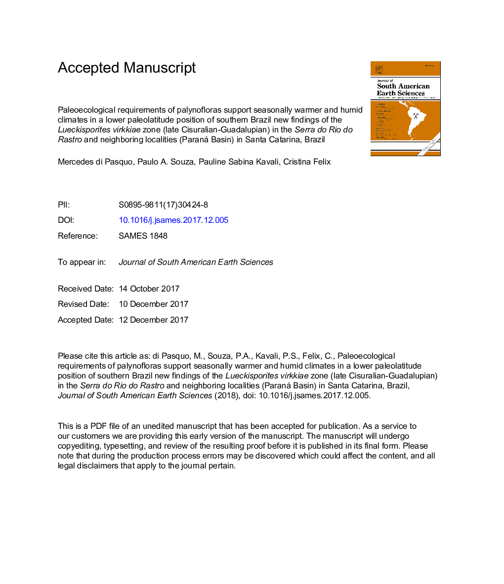 Seasonally warmer and humid climates in a lower paleolatitude position of southern Brazil (Paraná Basin): new findings of the Lueckisporites virkkiae zone (late Cisuralian-Guadalupian) in the Serra do Rio do Rastro and neighboring localities