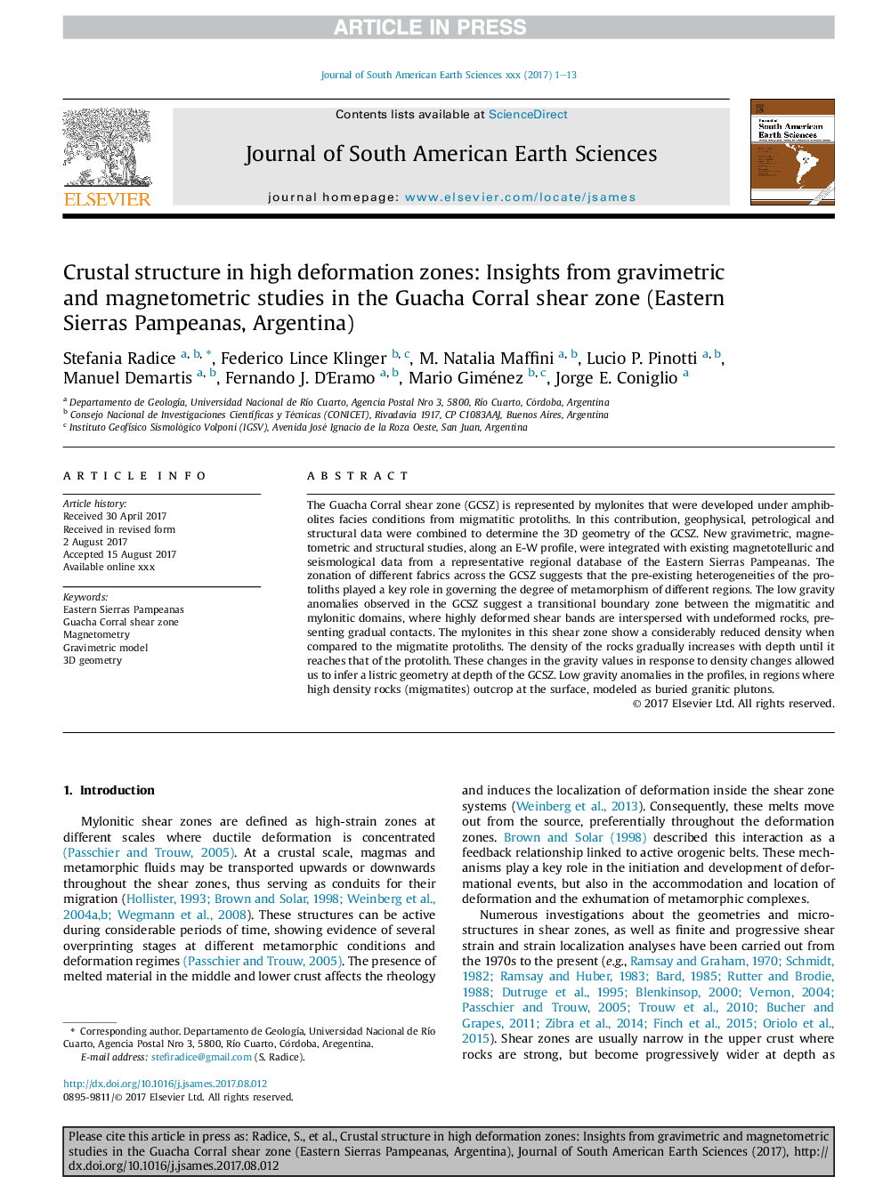 Crustal structure in high deformation zones: Insights from gravimetric and magnetometric studies in the Guacha Corral shear zone (Eastern Sierras Pampeanas, Argentina)