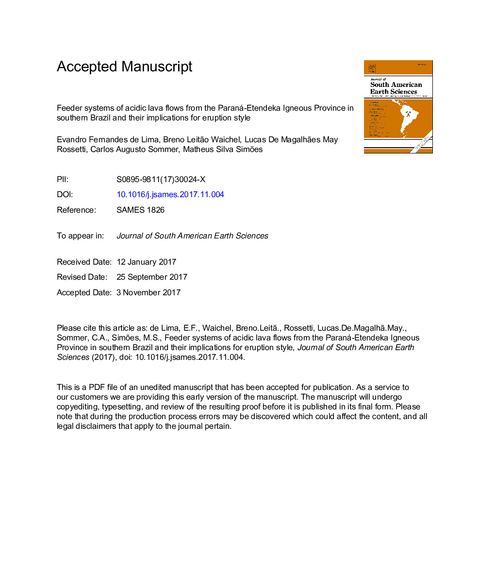 عکس صفحه اول مقاله: Feeder systems of acidic lava flows from the Paraná-Etendeka Igneous Province in southern Brazil and their implications for eruption style Feeder systems of acidic lava flows from the Paraná-Etendeka Igneous Province in southern Brazil and their implications for eruption style