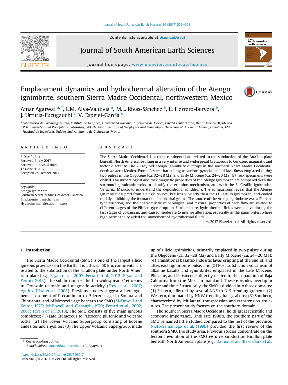 Emplacement dynamics and hydrothermal alteration of the Atengo ignimbrite, southern Sierra Madre Occidental, northwestern Mexico