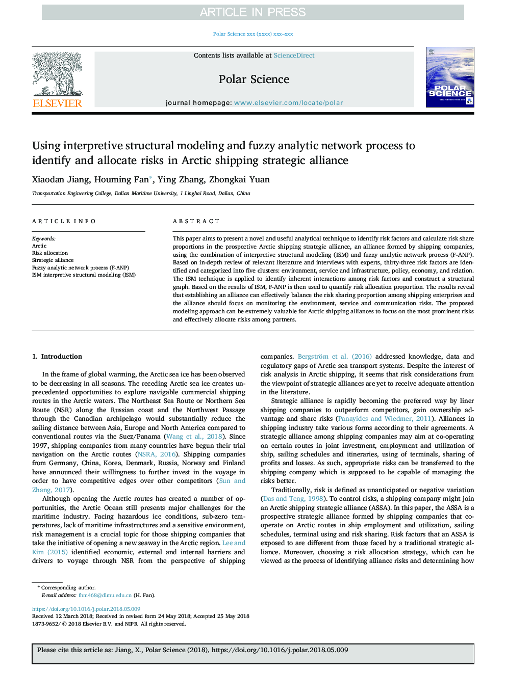 Using interpretive structural modeling and fuzzy analytic network process to identify and allocate risks in Arctic shipping strategic alliance