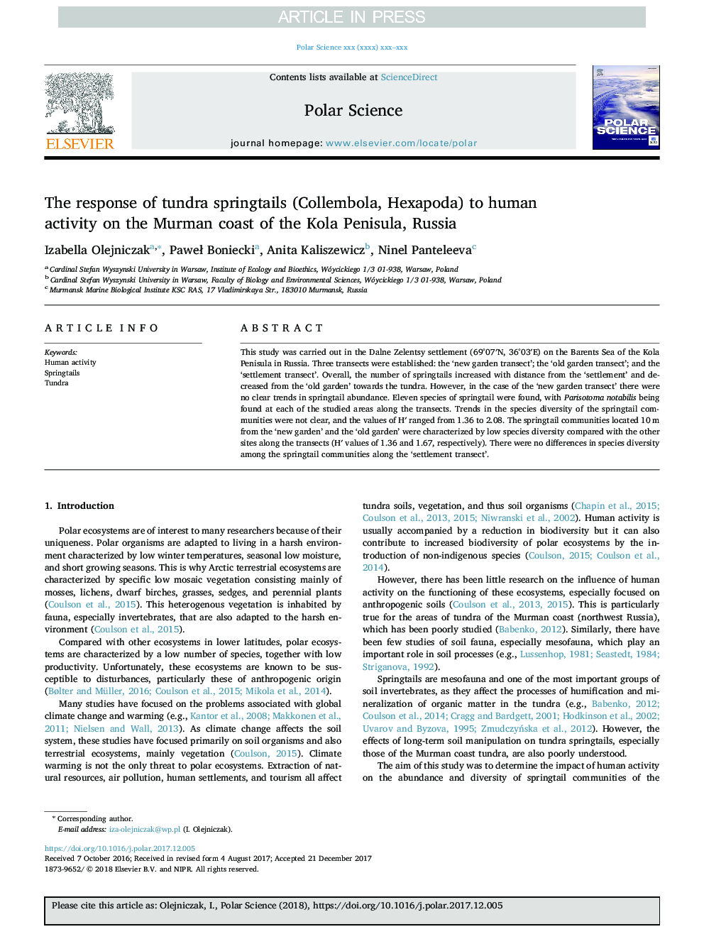 The response of tundra springtails (Collembola, Hexapoda) to human activity on the Murman coast of the Kola Penisula, Russia