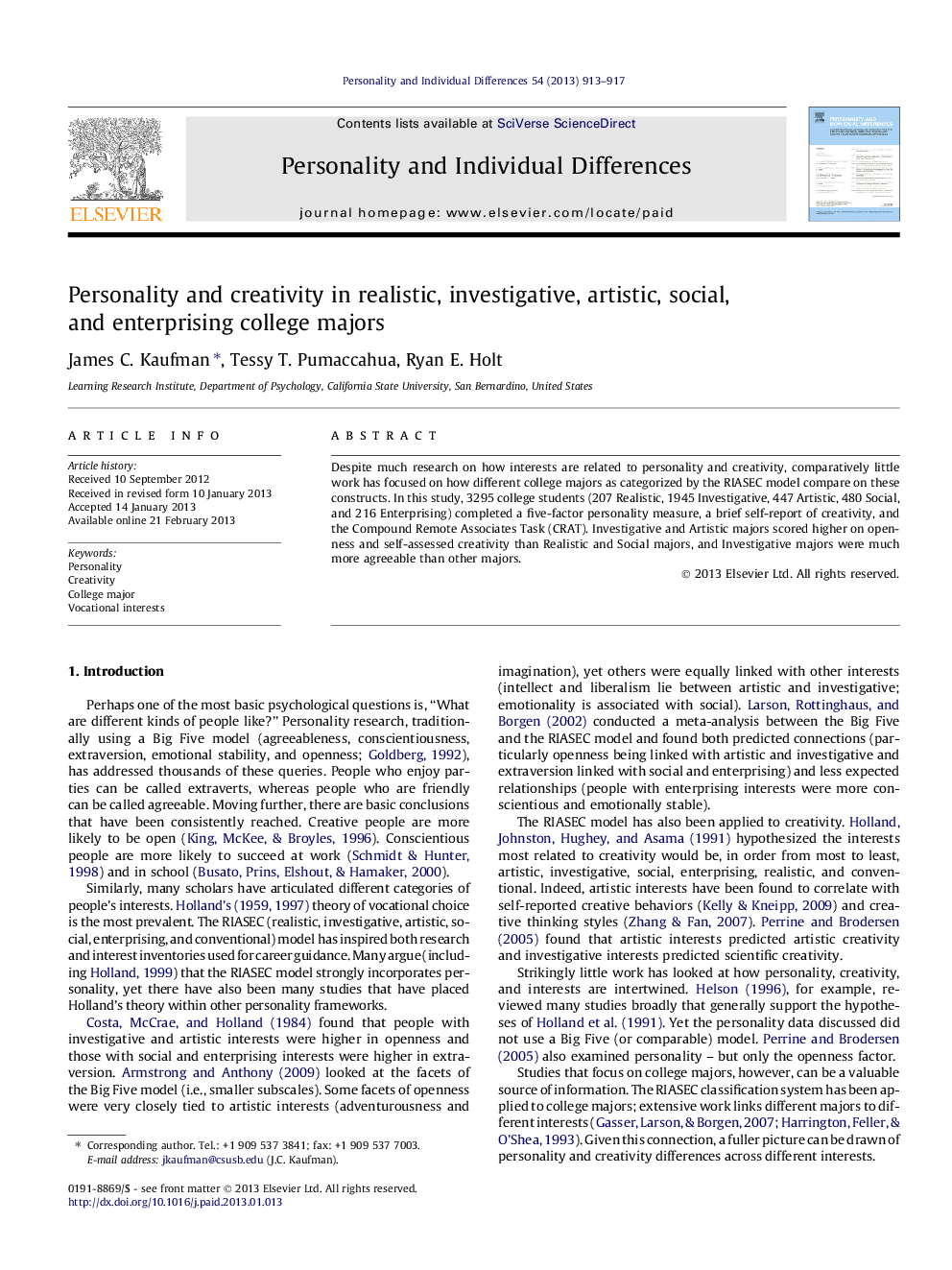 Personality and creativity in realistic, investigative, artistic, social, and enterprising college majors