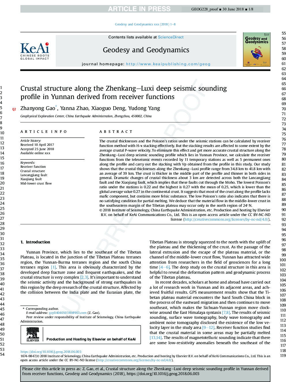 Crustal structure along the Zhenkang-Luxi deep seismic sounding profile in Yunnan derived from receiver functions