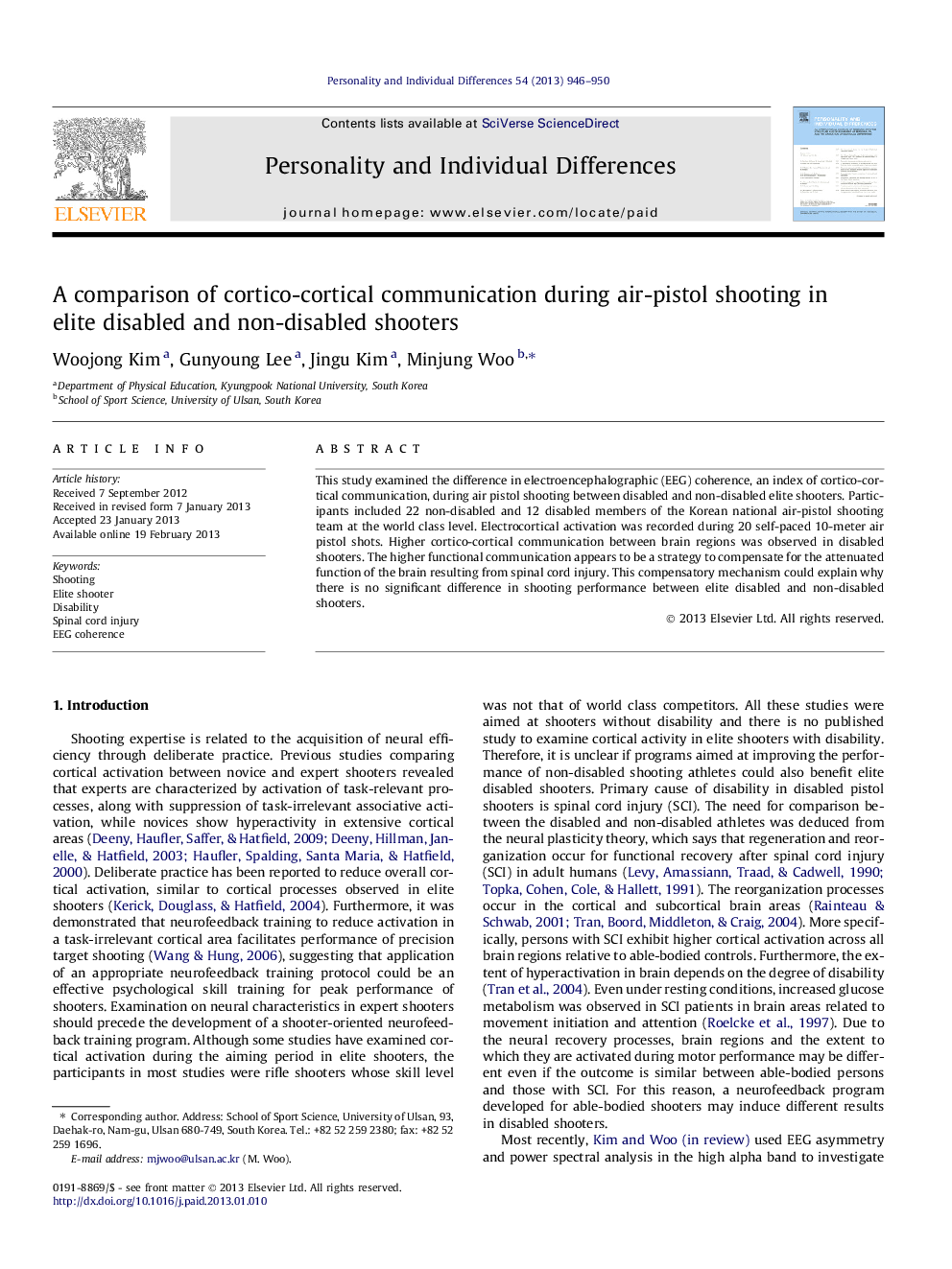 A comparison of cortico-cortical communication during air-pistol shooting in elite disabled and non-disabled shooters