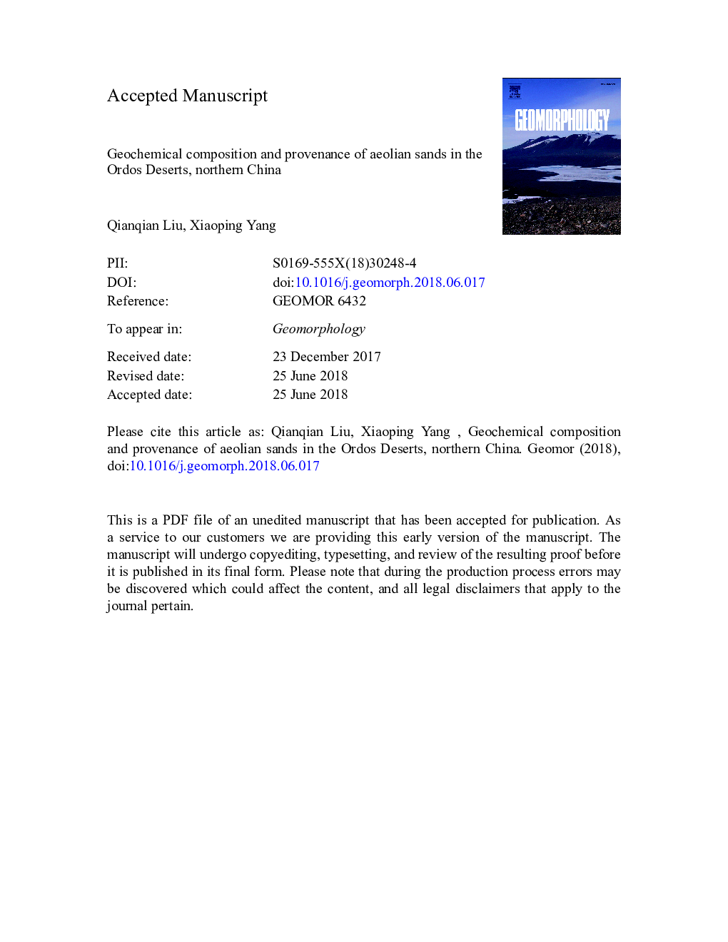 Geochemical composition and provenance of aeolian sands in the Ordos Deserts, northern China