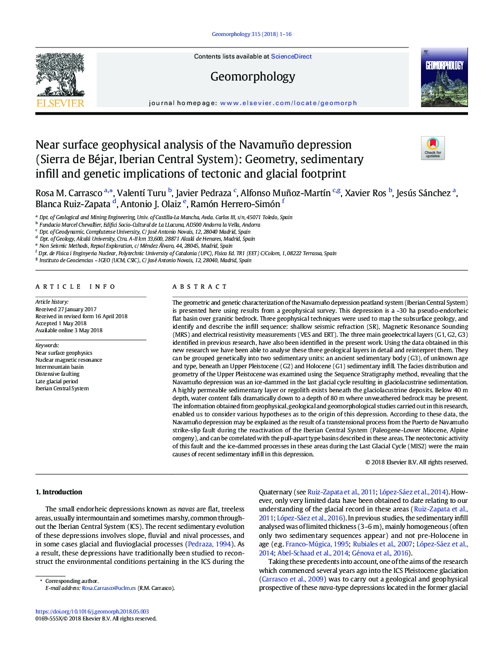 Near surface geophysical analysis of the Navamuño depression (Sierra de Béjar, Iberian Central System): Geometry, sedimentary infill and genetic implications of tectonic and glacial footprint