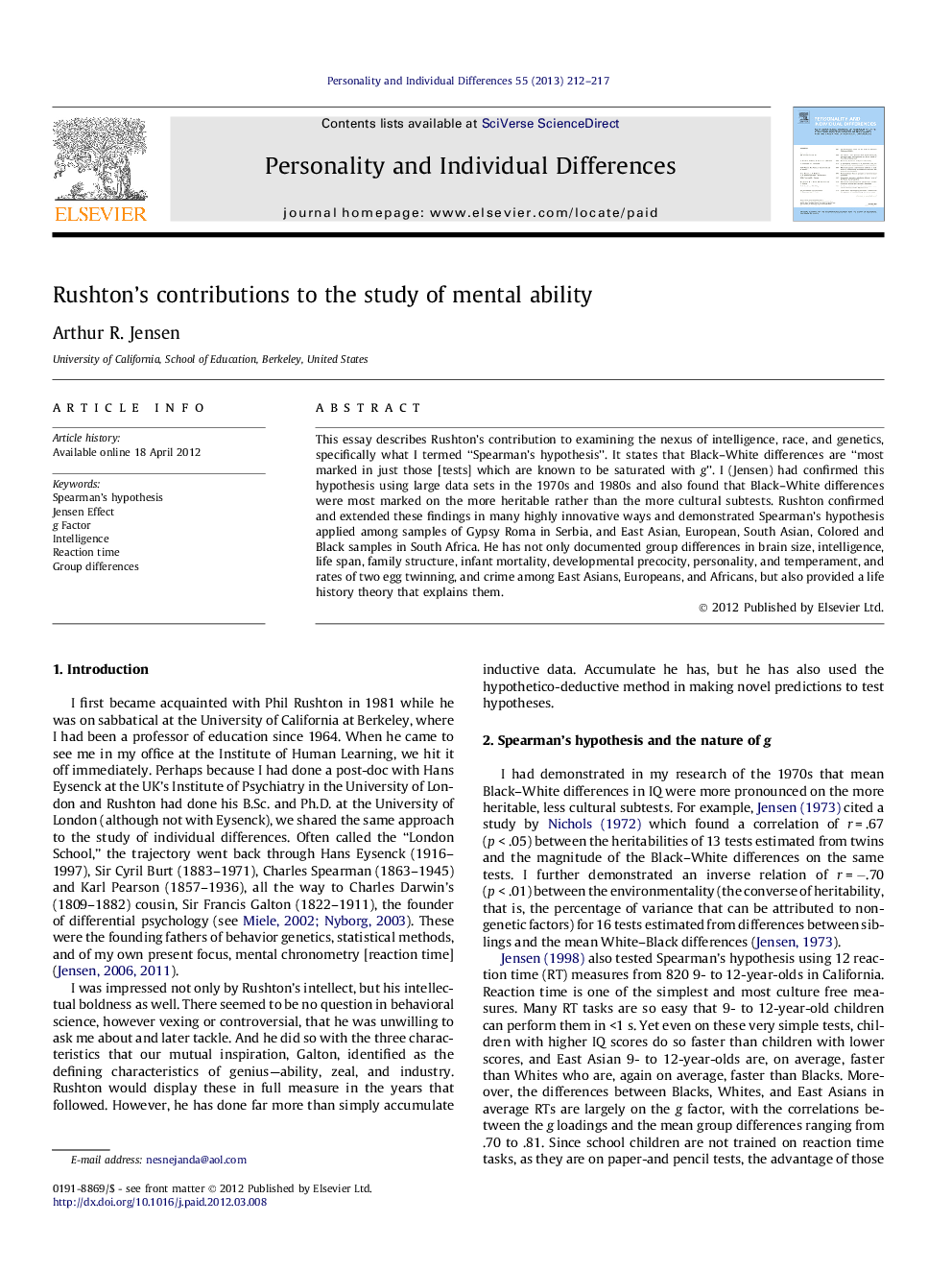 Rushton’s contributions to the study of mental ability