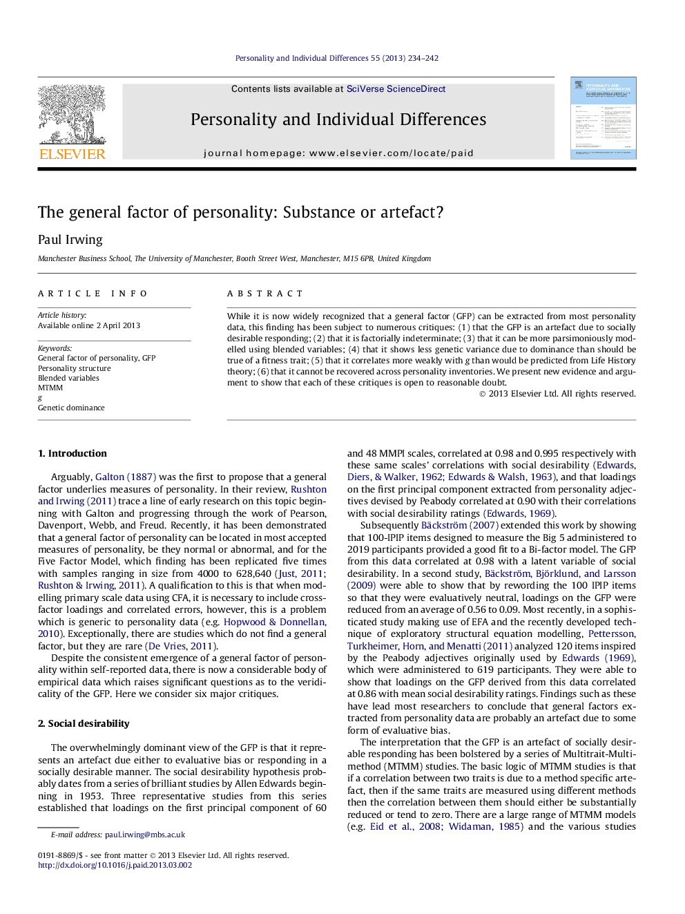 The general factor of personality: Substance or artefact?