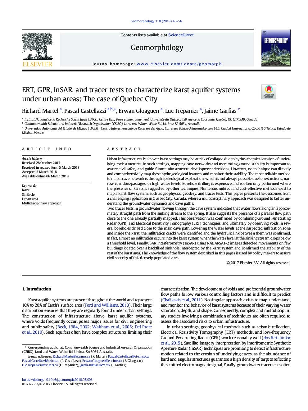 ERT, GPR, InSAR, and tracer tests to characterize karst aquifer systems under urban areas: The case of Quebec City