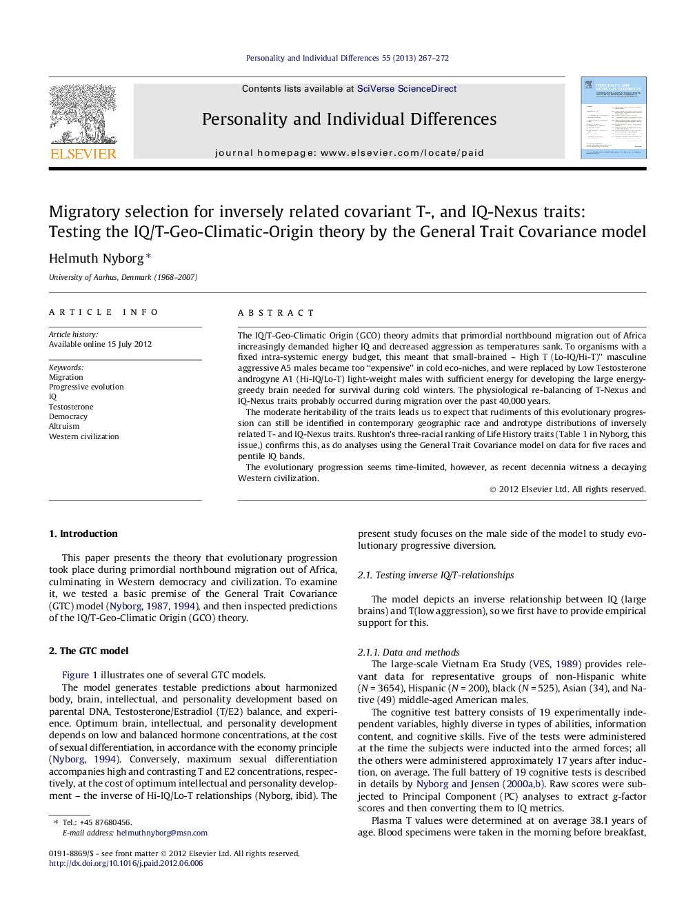 Migratory selection for inversely related covariant T-, and IQ-Nexus traits: Testing the IQ/T-Geo-Climatic-Origin theory by the General Trait Covariance model